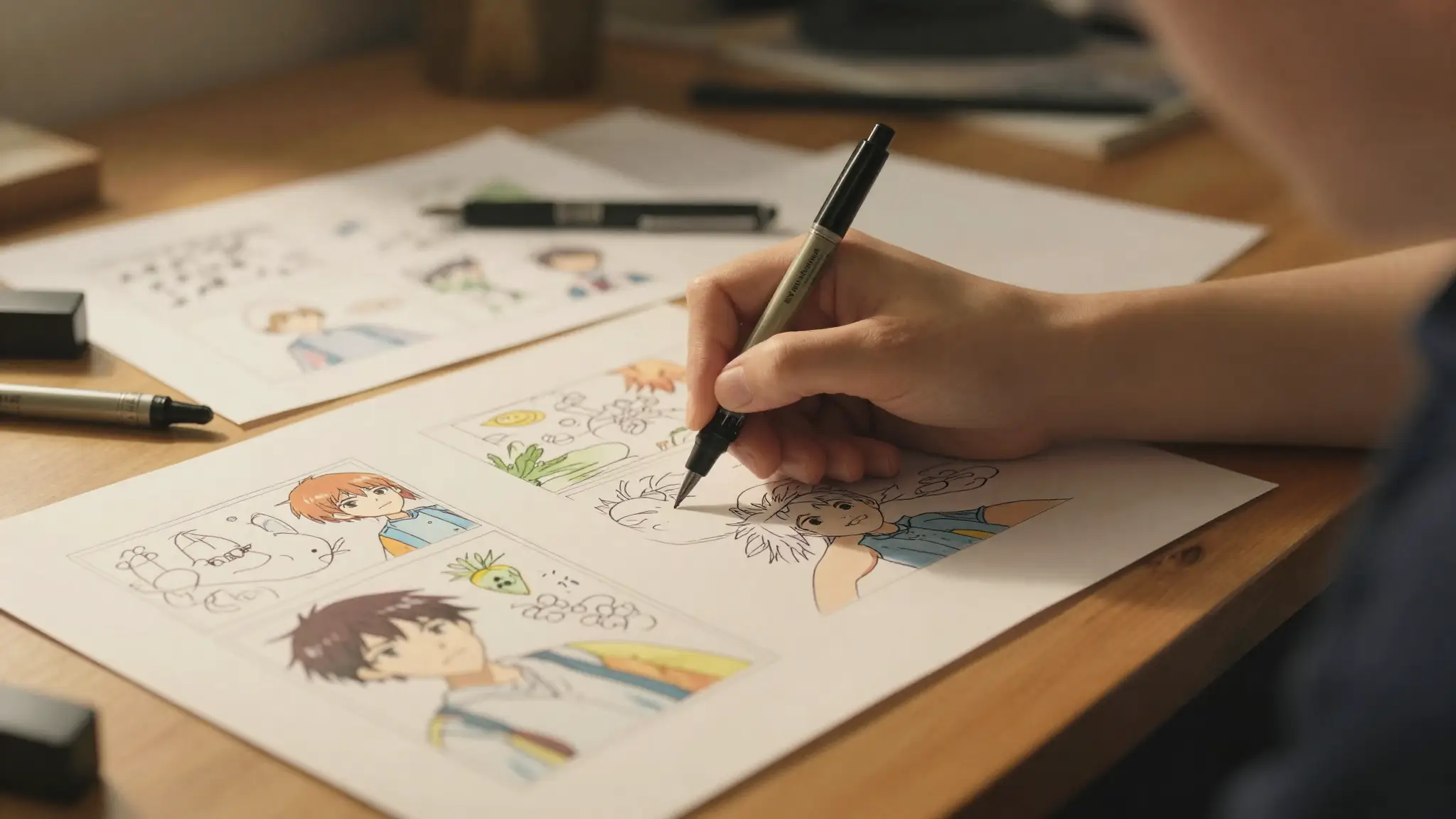 مكتب فنان أنيمي مع رسومٍ متحركة ولوحات قصصية وأقلام حبر تجسّد فنّ الرسوم المتحركة اليابانية